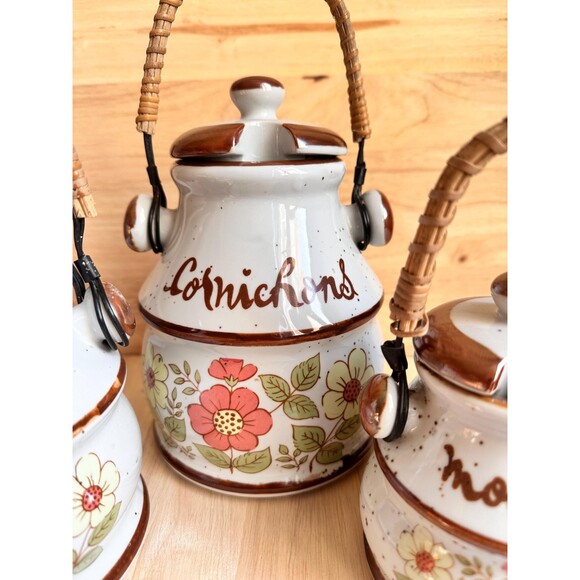 Vintage French condiments labeled pots with lids and rattan handles. - Picture 3 of 7